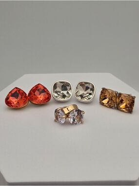 4 Pair Crystal Stud Earring Set Red Heart Cushion Topaz Gold Huggies New